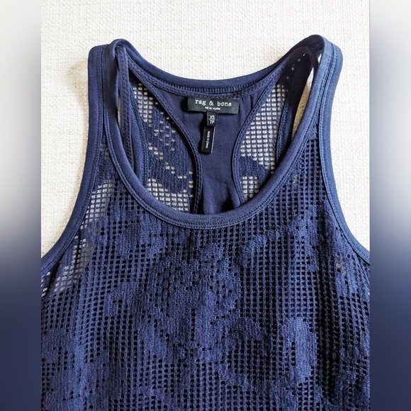Rag & Bone Stella Salute Navy Blue Laser Cut Racerback Tank Top Silk Layered XS - Picture 2 of 4